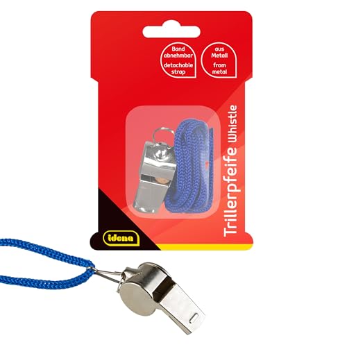Idena 40187 - Triller-Pfeife aus Metall, Signal-Pfeife mit blauem Band zum Umhängen, ideal für Sport- und Freizeitaktivitäten, für Kinder, Trainer, Lehrer und Bademeister