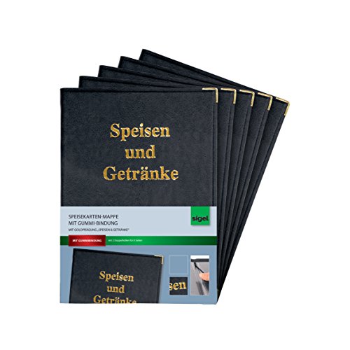 SIGEL SM101/5 Speisekarten-Mappen für A5, Menükarte, 5er Pack mit Gummi-Bindung, schwarz mit Goldprägung, strapazierfähig und leicht abwischbar