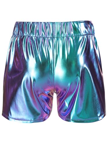 Fldy Kinder Mädchen Jungen Metallic Shorts Loose Elastische Taille Funkelnde Tanz Sport Kurze Hose Glänzende Hiphop Jazz Streetdance Outfit Blau 110-116