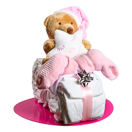 Windeltorte Mädchen in Rosa – Motorrad mit Kuscheltier, Geschenk zur Geburt & Taufe – Handgefertigte Baby Windeltorte mit Windeln, Mullwindel & Glückwunschkarte