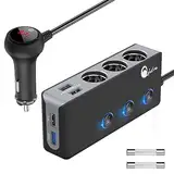 30W QC 3.0 Auto Ladegerät 3-Fach: Zigarettenanzünder Verteiler 12V USB Kfz Adapter 150W DC Mehrfach Steckdose Splitter mit Voltmeter Schalter 4 USB Anschlüsse für GPS DashCam iPhone iPad Android