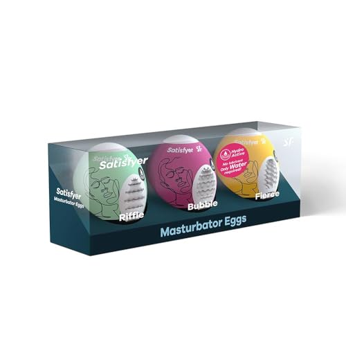 Satisfyer Masturbator Egg, Struktur Riffle, hydro-aktives TPE, kein Gleitgel nötig, zum einmaligen Gebrauch, Stil: 3x Set Ruffle, Bubble, Fierce