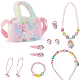 Einhorn Handtasche Geschenk, Einhörnern Kinderschmuck Halskette, Armband, Ring, Haarspange, kleines Mädchen Rollenspiel Geburtstagsgeschenk Party(13-Teiliges Set)