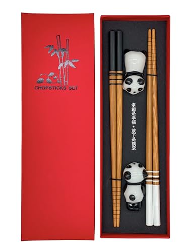 Sushi Essstäbchen Set Panda 2 Paar inklusive Keramik-Unterleger Premium Holz Nachhaltig Japanisch Chinesisch Koreanisch Taiwanesisch