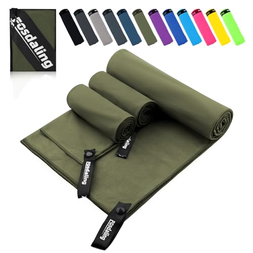Fosdaling Mikrofaser Handtuch 3er Set(Groß 160×80cm und 2 Klein 80×40cm), Schnelltrocknend Microfaser Fitness & Sport Handtücher, für Strandtuch, Badetuch, Sporthandtuch und Reisehandtuch (Armeegrün)