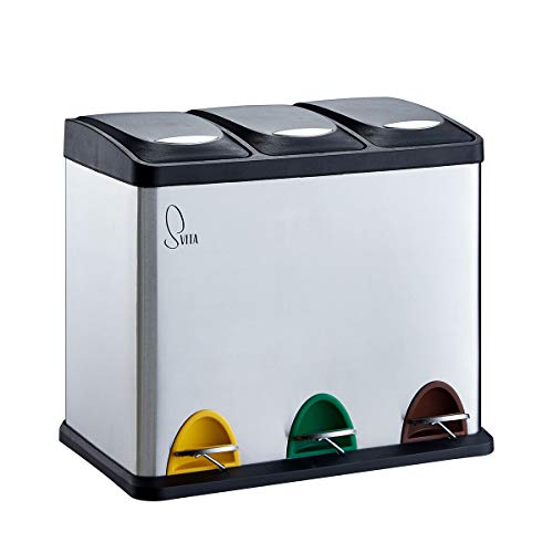 SVITA TC3X8 Küchen-Eimer 24 Liter 3X 8L Edelstahl dreifach Abfalleimer 3er-Mülleimer Mülltrennung Treteimer mit Deckel aus Edelstahl Silber mit Pedalen und herausnehmbaren Eimern