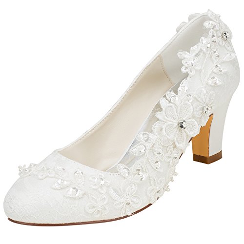 Emily Bridal Brautschuhe Frauen Seide wie Satin Stämmiger Absatz Absatzschuhe mit Stich Spitzen Blume Kristall Perle, Elfenbein, 38 EU (5 UK)