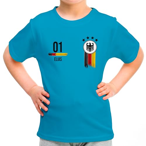 Deutschland Kinder T-Shirt „EM 2024“ Germany Europameisterschaft Shirt Jungen Mädchen Unisex - personalisiert mit Zahl & Namen - Fanartikel Fan-Outfit Trikot, Blau, Gr. XS