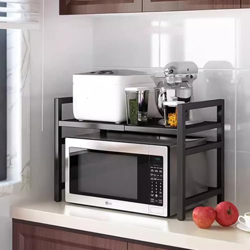 WMLBK Mikrowellen Regal,Erweiterbares Mikrowellenregal 3 Etagen Mikrowellenständer Küchenregal Arbeitsplatte Organizer mit 6 Haken Regal Mikrowelle Ausziehbar von 40-63cm für Küche (2 Etagen Schwarz)