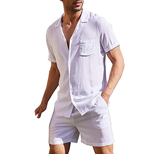 Herren-Sommer-Leinen, atmungsaktiv, -Falten, zweiteilig, atmungsaktiv, mit gerollten Ärmeln, Hemd-Hosen-Set Herren Hausanzug Kurzarm T-shirt Shorts Set mit Kordelzug Trainingsanzug (White, XL)