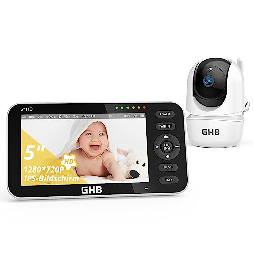 GHB Babyphone mit Kamera 5 Zoll 720P HD IPS-Display Babyphone Kamera VOX-Modus Gegensprechen Nachtsicht Temperaturanzeige Modell 2023