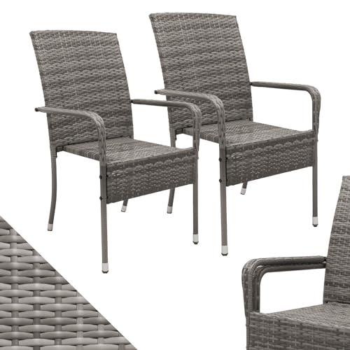 Juskys Polyrattan Gartenstühle Yoro 2er Set mit Armlehnen & Rückenlehne - 2 Stühle stapelbar - Rattan Stuhl Garten - Stapelstuhl Grau-meliert