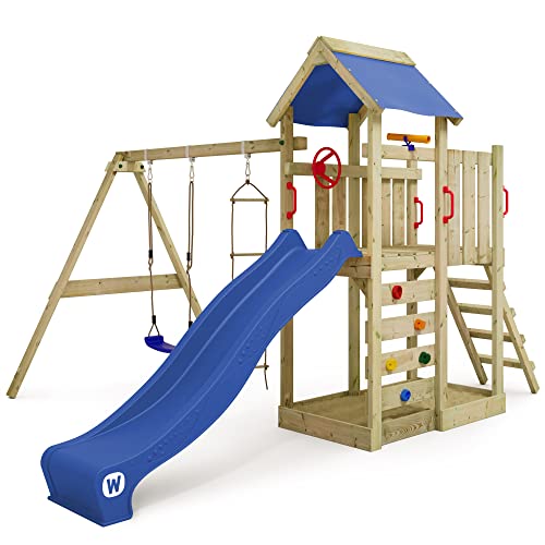 WICKEY Spielturm Klettergerüst MultiFlyer mit Schaukel & Blauer Rutsche, Outdoor Kinder Kletterturm mit Sandkasten, Leiter & Spiel-Zubehör für den Garten