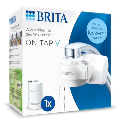 BRITA Wasserfilter für Wasserhahn ON TAP V inkl. 1 Filterkartusche – für nachhaltiges Wasser mit besserem Geschmack/reduziert kleine Partikel, Metalle & geschmacksbeeinträchtigende Stoffe