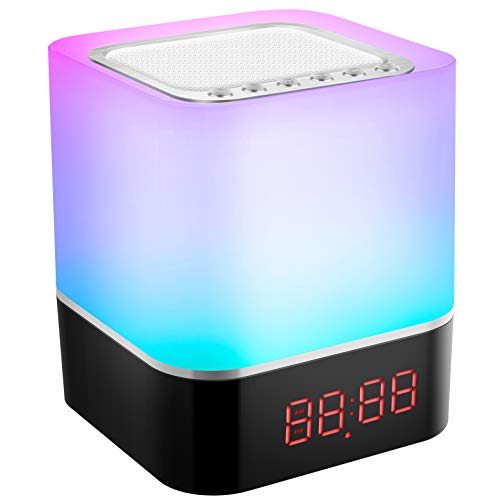 Swonuk 5 in 1 Bluetooth Lautsprecher mit Licht, Lichtwecker RGB Farbwechsel Nachttischlampe Touch Dimmbar, Wecker Digital mit USB, Freisprechen, MP3-Player, Coole Sachen für Teenager Mädchen Junge