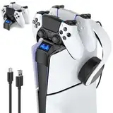 PS5 Controller Ladestation für 2023 PS5 Slim Digital & Disc, PS5 Ladestation mit Headset Halter, PS5 Controller Charger für PS 5 Controller & Edge, PS5 Slim Zubehör (Nicht für 2020 PS5 Konsole)