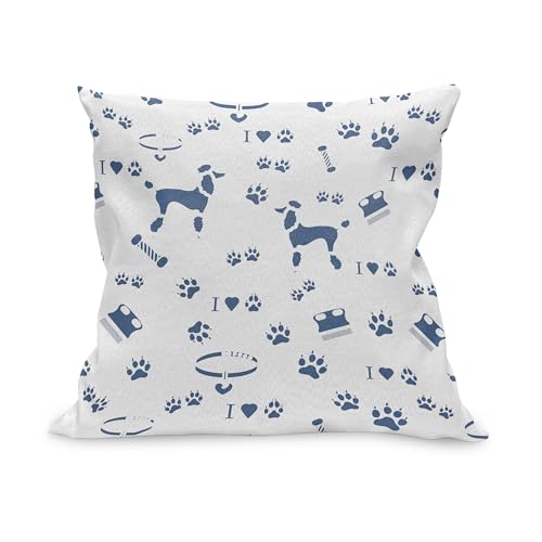ABAKUHAUS Blau und weiß Kissenbezug, Poodle Silhouette Kamm Collar Hunderennbahnen Herzen Tier-Liebhaber Haustier Theme, Kissenhülle mit Reißverschluss Beidseitiger Druck, 45 x 45 cm, Weiß Nachtblau