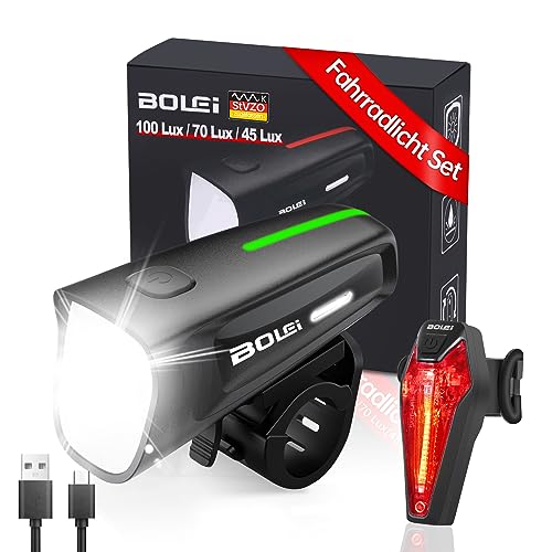 BOLEi LED Fahrradlicht Set 100 LUX | StVZO Zugelassen Fahrradlampe |Fahrradbeleuchtung USB Aufladbar | IPX5 Wasserdicht |Batterie Aufforderung schwach |Vorne Frontlicht & Rücklicht Set