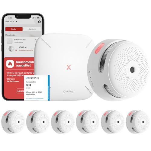X-Sense Smart Rauchmelder XS01-M mit SBS50 Basisstation, TÜV-Zertifiziert, Funkrauchmelder mit WLAN, vernetzbarer Feuermelder, kompatibel mit der X-Sense Home Security App, FS61, 6 Stück