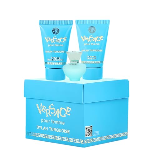 Versace Dylan Turquoise Damen Mini Parfüm drei teiliges Geschenk Set (5ml EDT Zerstäuber, 23ml Körpergel & 23ml Duschgel)