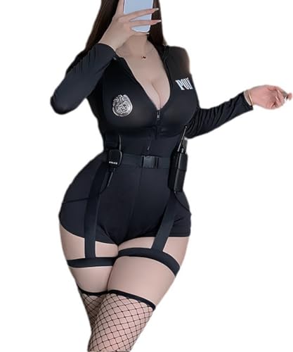 Damen 3pcs Polizei Kostüm Cop Kostüme Halloween Sexy Cop Outfit Anime Cosplay Outfit Gürtel, Spielzeug Walkie Talkie Schwarz