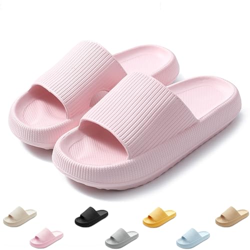 QJJQ Badeschuhe Herren Damen Cozislides Original Slippers Wolke Schlappen Super Weich Rutschfest Badelatschen Hausschuhe Sommer Pantoletten Badeschlappen Flip Flops,Rosa, 38-39 EU