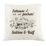 CAMPERVAN-STORE Deko Kissen mit Camping Motiv und Namen personalisiert, Wohnmobil Kissen, Camping Zubehör, Happy Camper, Camping Deko, Home is where you park it (Zuhause ist, wo wir parken!)