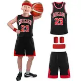 Erwachsene Kinder Basketball Trikot Shirt und Shorts 4 Stück Nr.23 Basketball Kleidung mit Wrist Wraps, Mode Ärmellose Basketball Jersey, Hochwertige Basketball Trainings und Spiel Trikot (Schwarz)