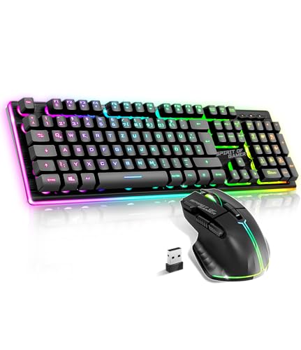 SPIRIT OF GAMER x Ultimate 600 | Gaming Tastatur Maus Set Kabellos Schwarz Wiederaufladbar RGB | DE Layout | Semi Mechanisch | Aluminiumplatte | 4800 DPI Wireless Mouse | Für PS5, PS4, PC, Xbox