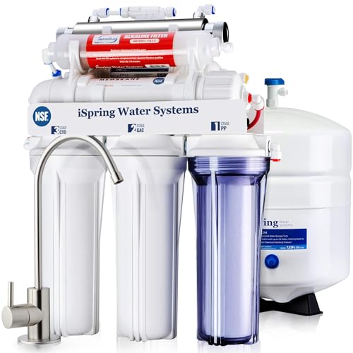 iSpring RCC7AKUV 7 Stufiges Umkehrosmose Trinkwasser Filtersystem, Umkehrosmoseanlage mit alkalischem Remineralisierungsfilter und UV Lampe, NSF-zertifiziert, PH+, TDS Reduktion, 75GPD