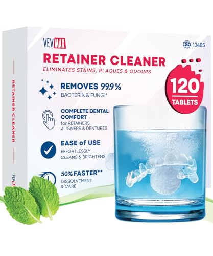 Vevmax Retainer Reinigungstabletten – 120 Tabletten (4 Monate Vorrat) Retainer, Zahnersatz, Mundschutz, Zahnspangen, Aligner Reiniger