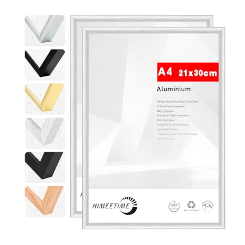 HIMEETIME® 2x Bilderrahmen A4 21x30 cm Silber Metall Rahmen,Dokumentenrahmen 21x29,7 cm Klein Collage,Metallrahmen Alu-Bilderrahmen Aluminium,Picture Frame A4 Fotorahmen