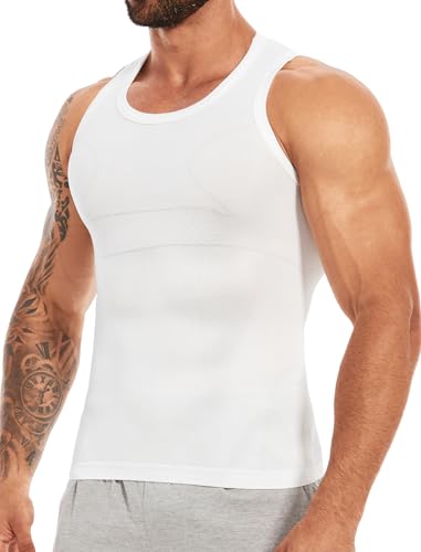 MISS MOLY Shapewear Herren Kompressionsshirt Herren Ärmellos Body Shaper Elastische Bauchweg Unterhemd Herren Tank Top Figurformend Bauchweg Shirt Herren Weste(Weiß,L)