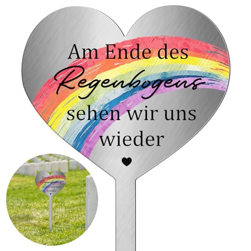 Photect Grabstecker Metall Herz mit Spruch Am Ende des Regenbogens Sehen Wir Uns Wieder Herz Grabdekoration Wetterfest Frostbeständig Grabschmuck zum Erinnerung Andenken Dekoherz Trauer