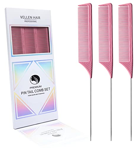 Vellen Hair Professionelle 22,9 cm Nadelstielkämme für Haarstylisten, Hitzebeständiges und Antistatisches PEI Material, Edelstahl Nadelstielkamm – 3 Stück
