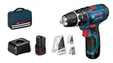 Bosch Professional 12V System Akku Schlagbohrschrauber GSB 12V-15 (Bohr-Ø Holz max: 19 mm, inkl. 2x 2.0Ah Akku + Ladegerät, 2x Bohrer-Set, 1x Bit-Set, Werkzeugtasche) - Amazon Exclusive Set Set