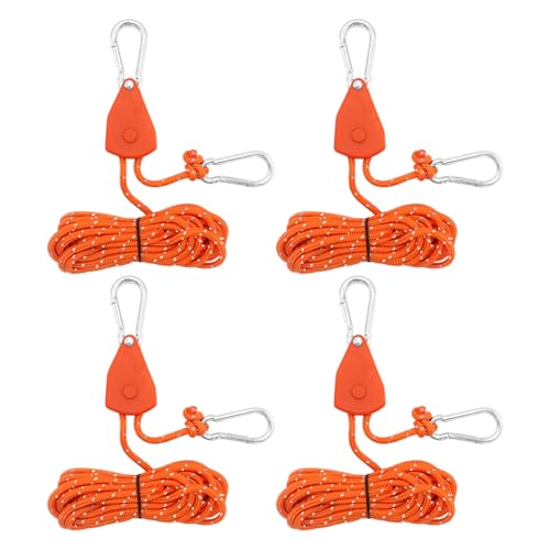 Ksvaye 4STK 4M Verstellbarer Seilratsche mit Haken, 1/6 Zoll Heavy Duty Ratchet Hangers Nylon Rope Reflektierend Ratchet Seilaufhänger Abspannseile mit 8 Karabiner für Camping Zelt/Tragkraft 80 kg