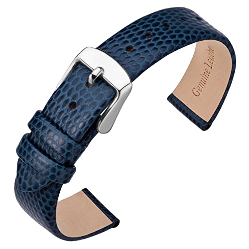 ANNEFIT Uhrenarmband 14mm Leder für Damen, Eidechsen-Prägung Ersatzarmband mit Edelstahl Silberne Schnalle (Blau)