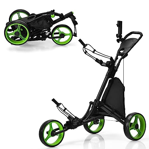 COSTWAY Golf Trolley, 3 Rad Golftrolley, Golfwagen Golf klappbar, Golfcaddy Golf Push Cart aus Aluminum, Golfcaddy mit Schirmhalter, T-Stückhalterung und Aufbewahrungstasche