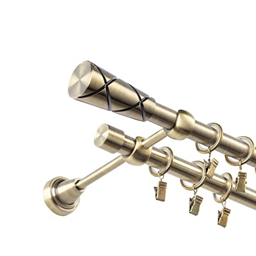 fenster_dekor Gardinenstange 2-läufig 160 cm – Wandmontage, Stahl, 19 mm, Antique Gold, Matte, 32 Ösen mit Klammern, inkl. Dübel