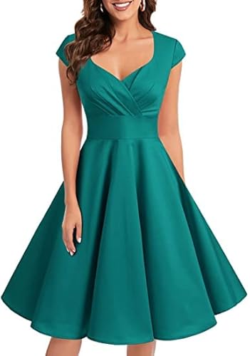 Bbonlinedress BBONL INEDRESS Abendkleider elegant für Hochzeit festliches Kleid Damen 1950er Vintage Retro Cocktailkleid Rockabilly V-Ausschnitt Brautjungfer Kleid Turquoise M