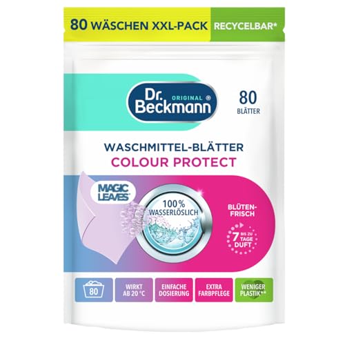 Dr. Beckmann MAGIC LEAVES Waschmittel-Blätter COLOR | vordosierte & wasserlösliche Waschblätter | platzsparend und leicht anzuwenden | 80 Blätter