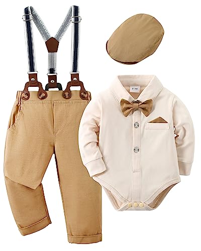 Amisssz Baby Jungen Gentleman Anzug, 4tlg Kinder Hochzeit Festlich Taufe Strampler mit Bowtie Hemden + Hosenträger Overalls Beige 0-3 Monate