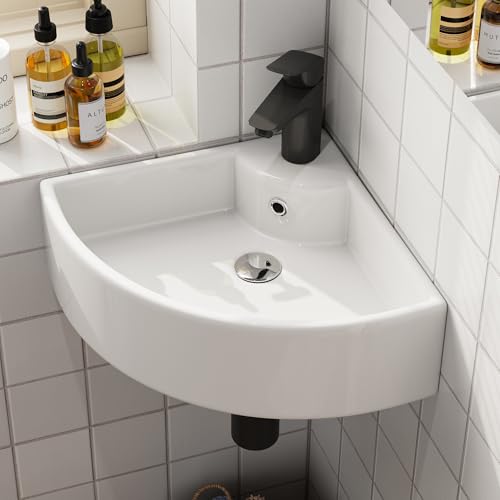 HOROW Klein Waschbecken Ecke Dünner Rand, Keramik Waschtisch Wandmontage mit hahnloch. Wandhängendes Aufsatzwaschbecken Badezimmer 46x31 cm, Kleine Hängewaschbecken Gäste WC