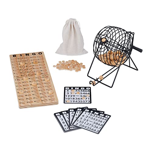 Relaxdays Bingo Spiel, Lostrommel, 75 Kugeln, 18 Karten, 150 Chips, Spielbrett, Kinder, Erwachsene, Holz, Natur/schwarz