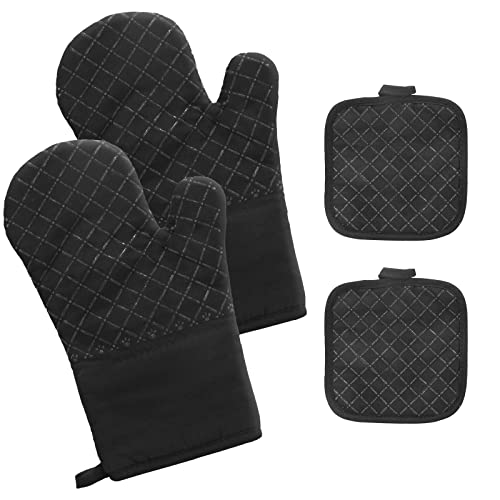 Ofenhandschuhe Topflappen Set Hitzebeständig rutschfeste: 4er Set 300°C Hitzebeständige Anti-Rutsch Topfhandschuhe Kochhandschuhe Backhandschuhe mit Baumwolle für Kochen Backen Grillen Schwarz