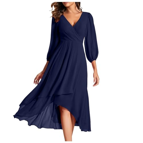 Kleid Langarm Blau Damen Chiffon Frühling V-Schnitt Langes Ärmel Plissee A Line Midi Länge Hochzeit Gast Kleid Festliche Kleider für Damen Bequemes Atmungsaktives Leichtes Damen Sommer (Dark Blue, S)