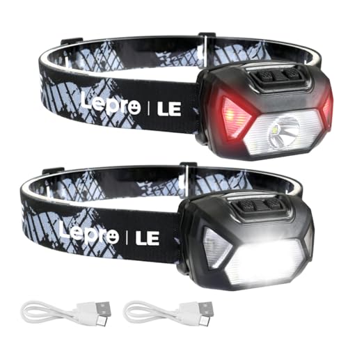 Lepro Stirnlampe LED Wiederaufladbar, 2000 Lux Superhell Kopflampe Stirnlampe mit Rotlicht und 6 Lichtmodi, IPX4 Wasserdicht Leicht Stirnleuchte, Ideal für Wandern, Camping, Joggen [inkl. USB Kabel]
