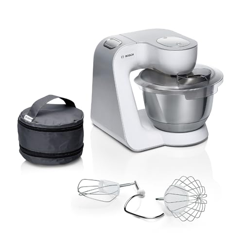Bosch Küchenmaschine Serie 4 MUM58200, Knethaken, Rühr- & Schneebesen aus Edelstahl, Zubehörtasche, Edelstahlschüssel spülma.fest, 3D Rührsystem, weiß/silber