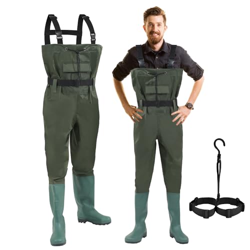 Hebitod Wathose Herren Wasserdicht, 70 Denier Nylon, PVC Angelhose, wasserdichte Fischteichhose mit Gummistiefeln, Bund, Taschen und Haken, für Baustellen, Angeln, Bauernhöfe, Gärten